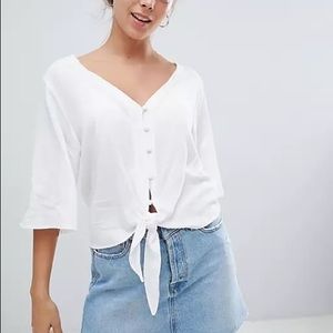Bershka white button down v neck tie blouse